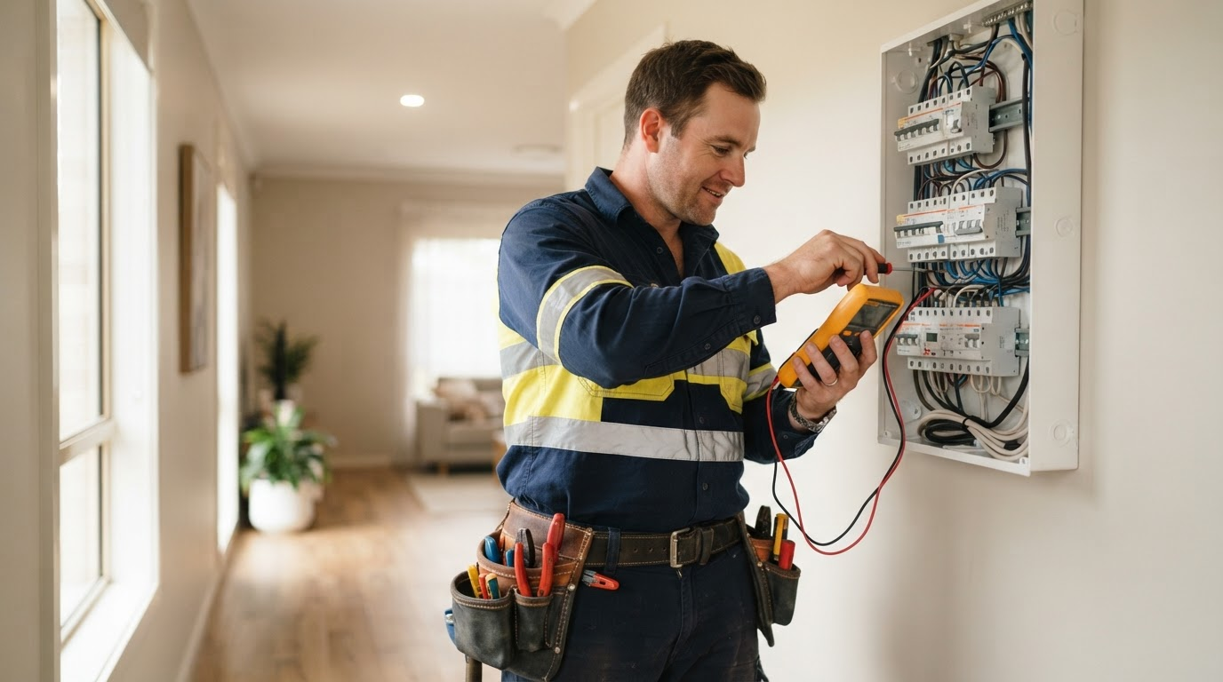 Licensed electrician testing a switchboard in a modern home