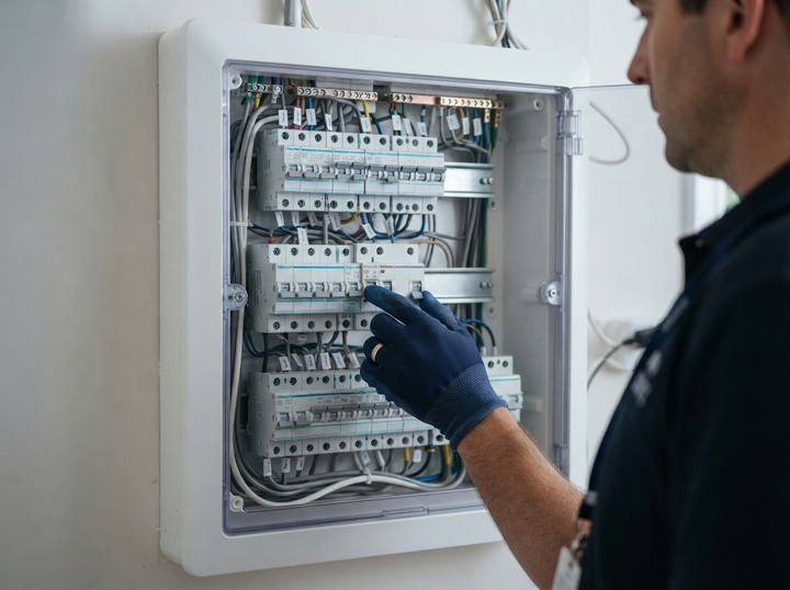 Licensed electrician inspecting a tidy modern residential switchboard