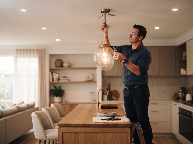 Electrician installing warm pendant lighting in a modern home interior