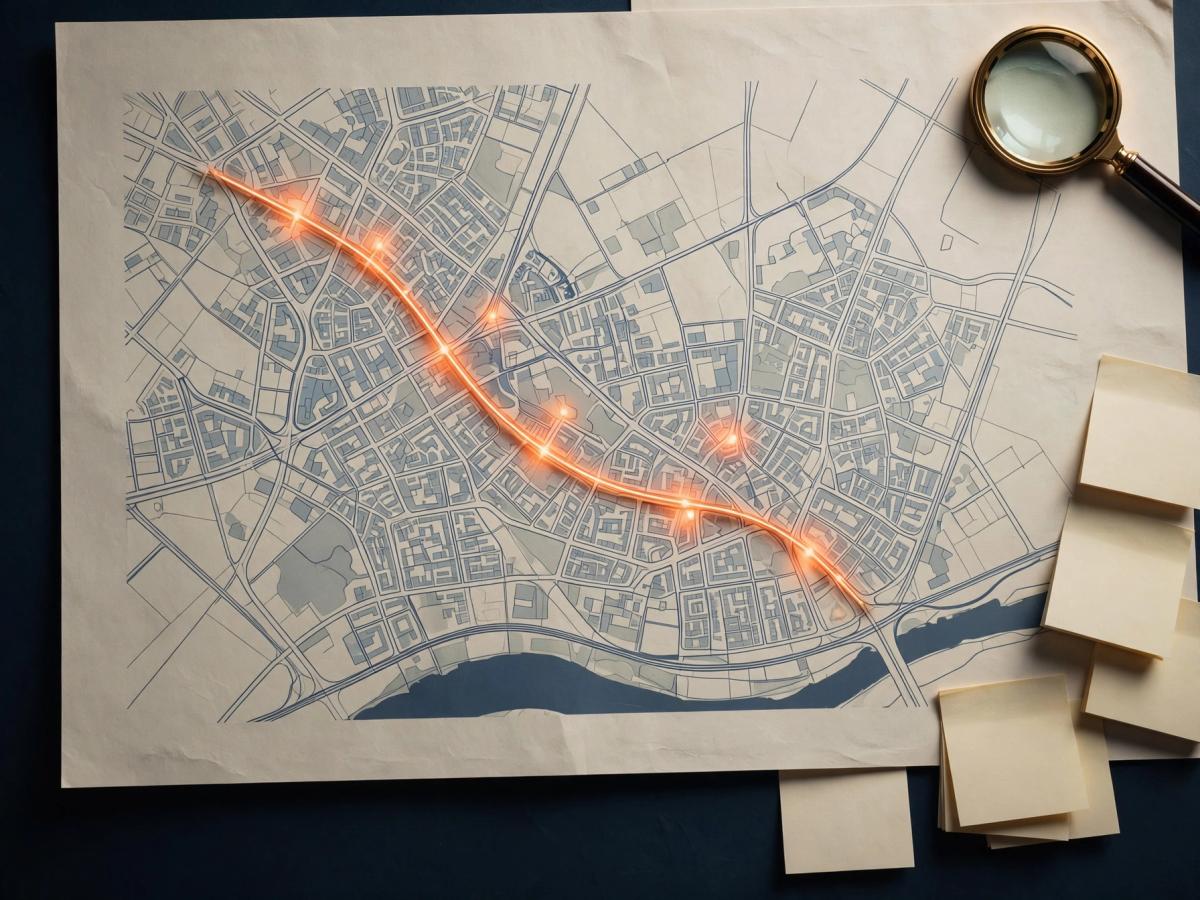 Warm city map with orange route and neighborhood markers