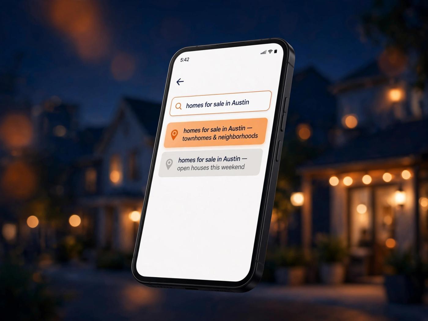 Smartphone with an illustrative search box and highlighted autocomplete suggestion