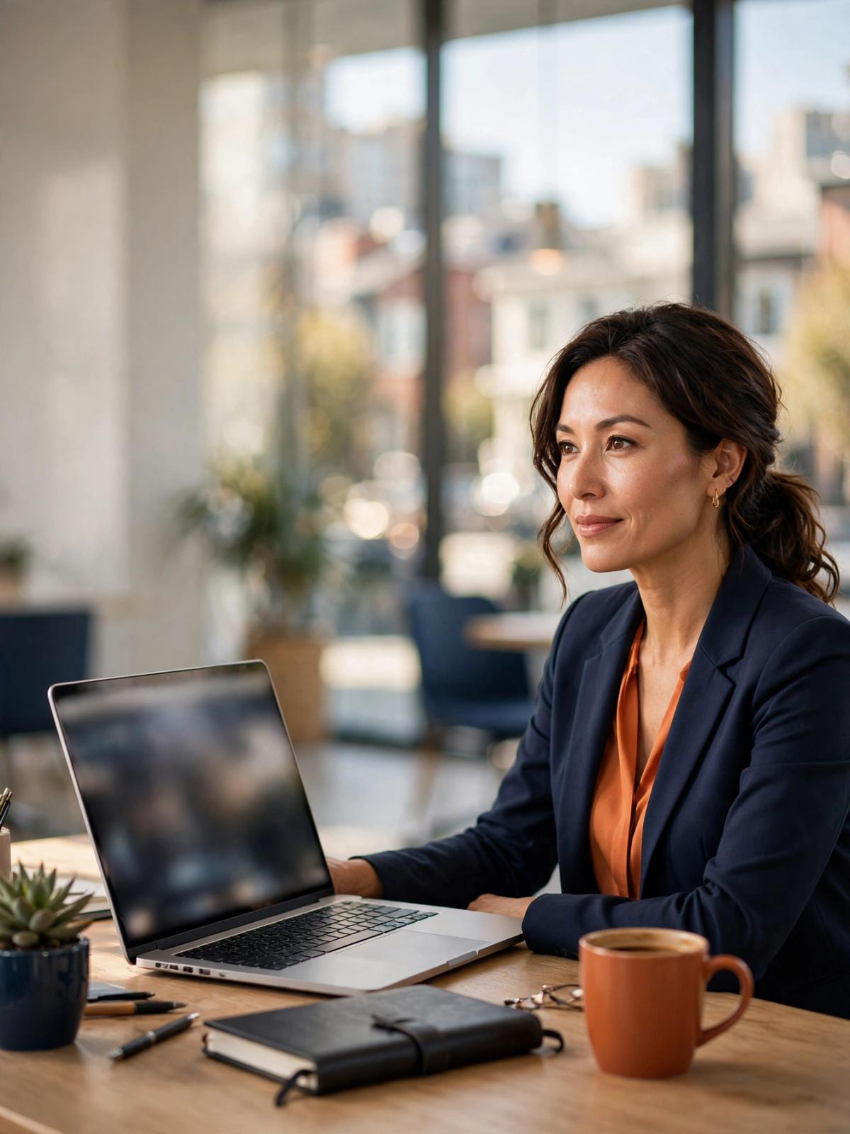 Focused real-estate professional working at a desk near a city neighborhood