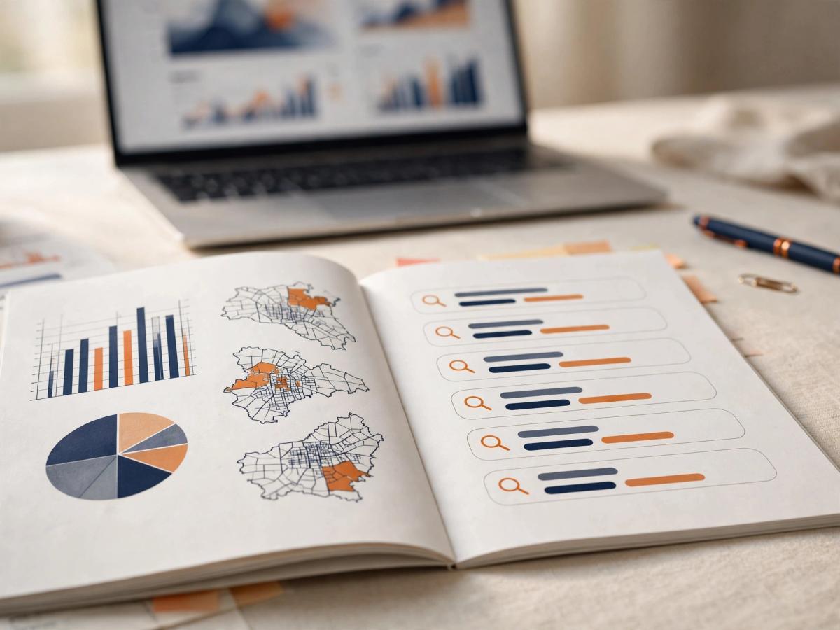 Premium printed market report beside a laptop dashboard with abstract charts