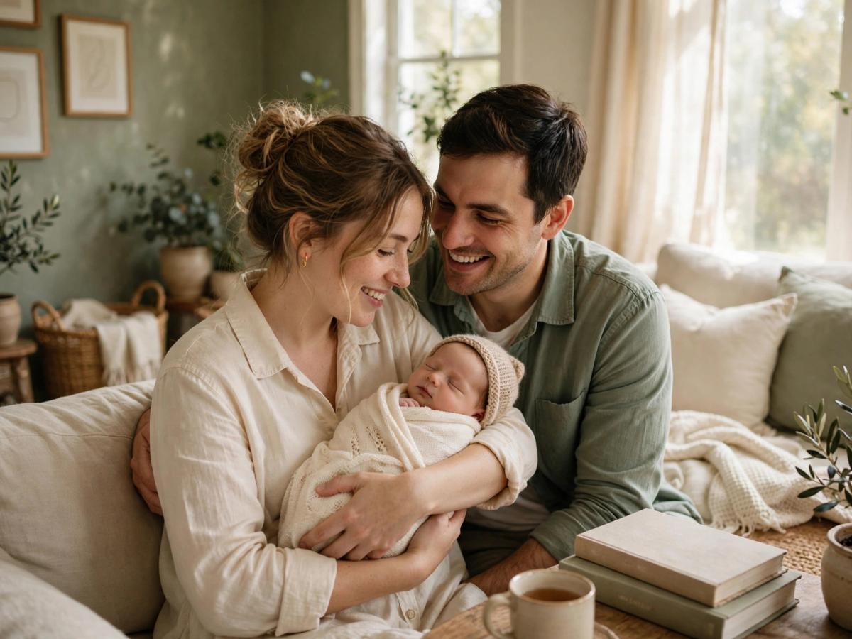 A family holding their baby in a bright sunlit home