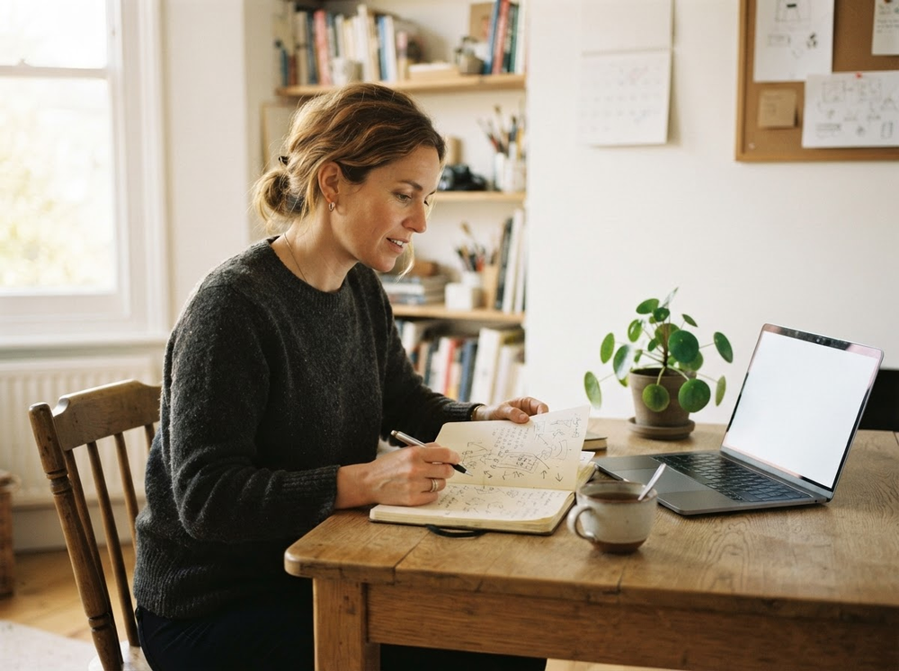 A focused professional planning a home-based business at a simple desk