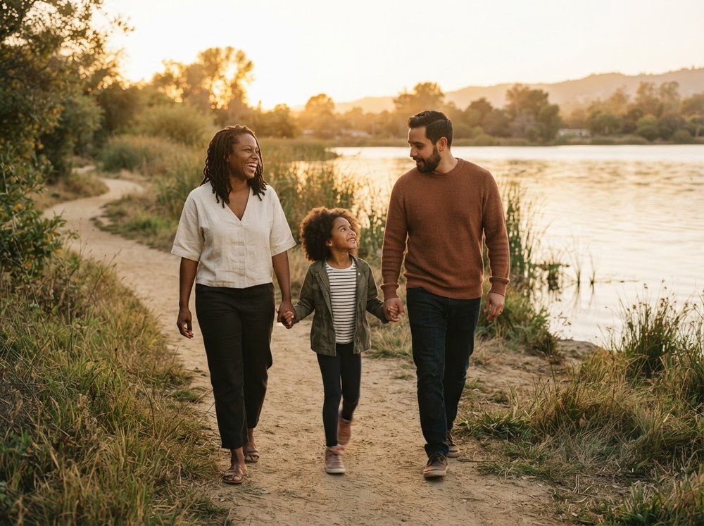 A family walking together beside a lake at golden hour