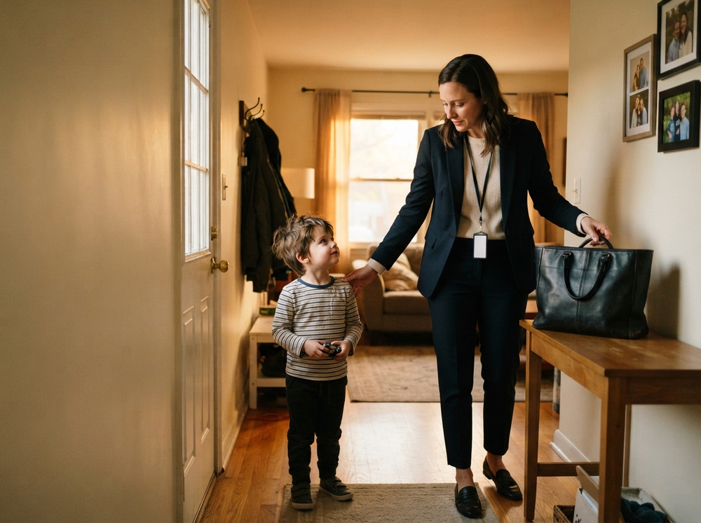 A working parent arriving home and greeting a child after the workday