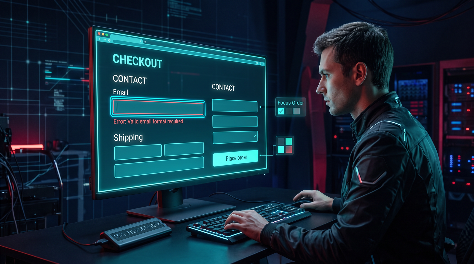 A web specialist at a workstation reviews a checkout form with a visible keyboard-focus ring and contrast indicators