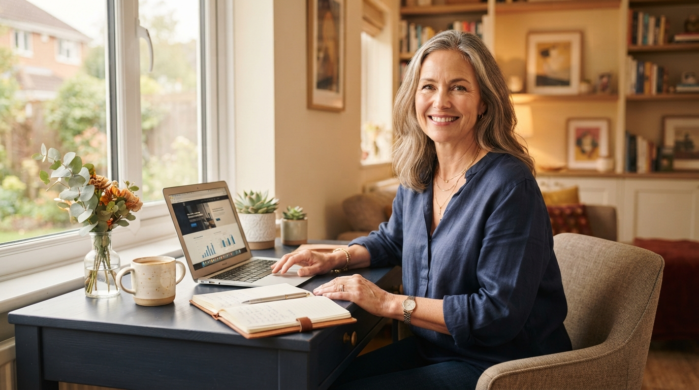 A confident woman in her fifties working at a bright home desk with a laptop and notebook