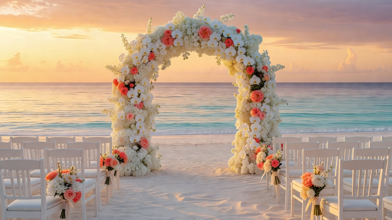 Beach destination wedding ceremony setup at sunset