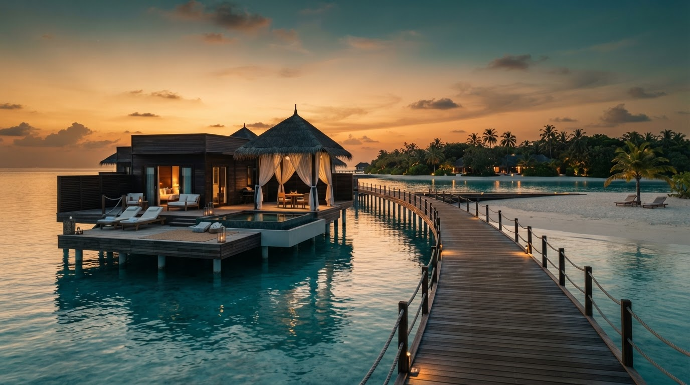 Overwater villa at golden hour overlooking a calm tropical lagoon