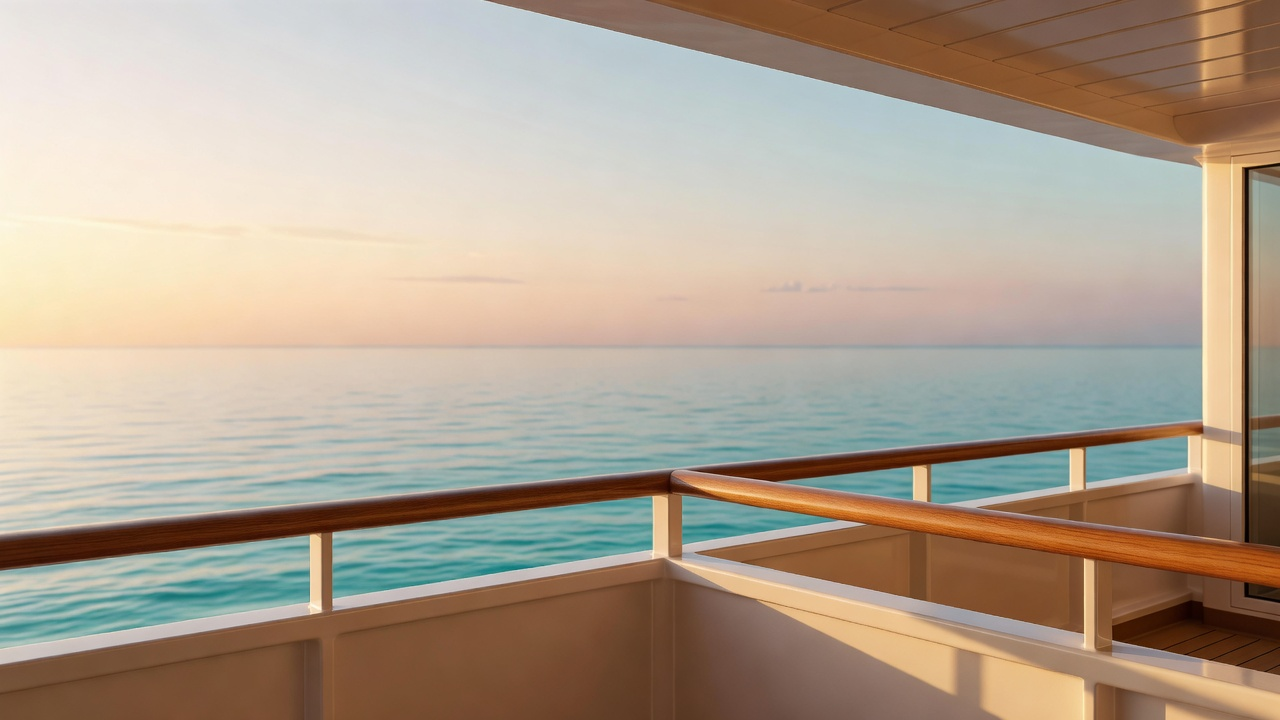 Luxury cruise deck overlooking open ocean at golden hour