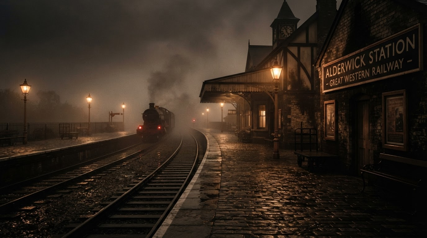 Foggy 1920s Alderwick railway station at dusk with glowing platform lamps