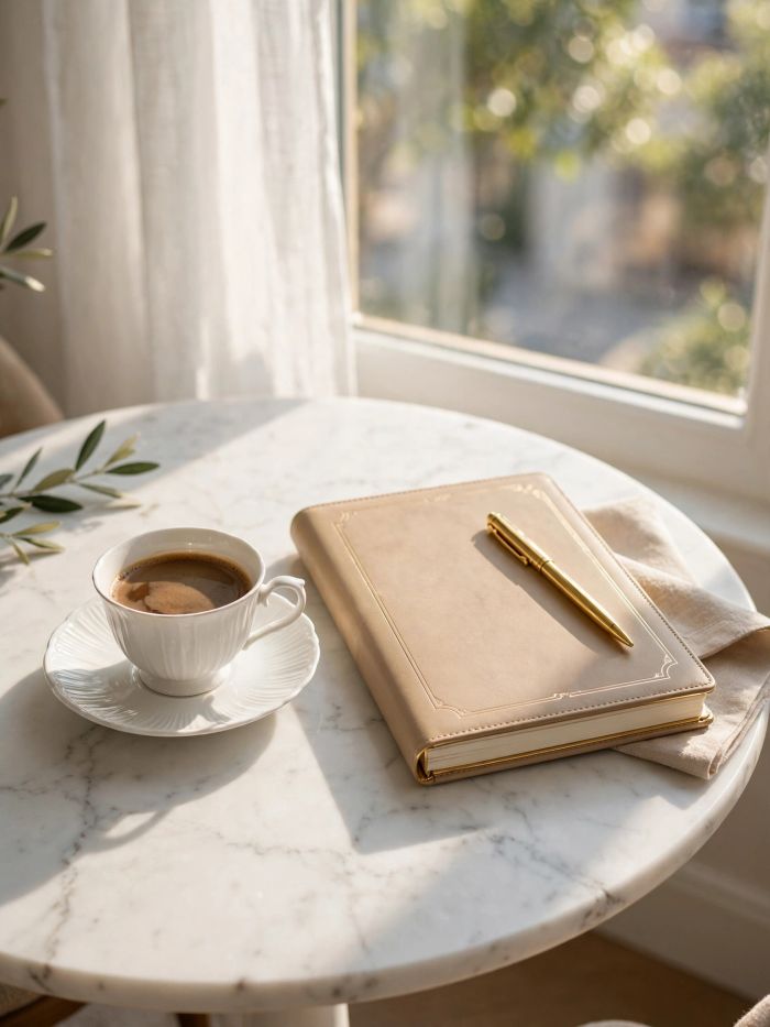 Affiliate marketing notes beside a laptop and coffee
