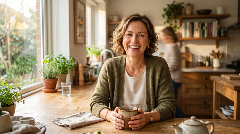 Confident woman over 45 enjoying a cup of warm herbal tea in a bright kitchen