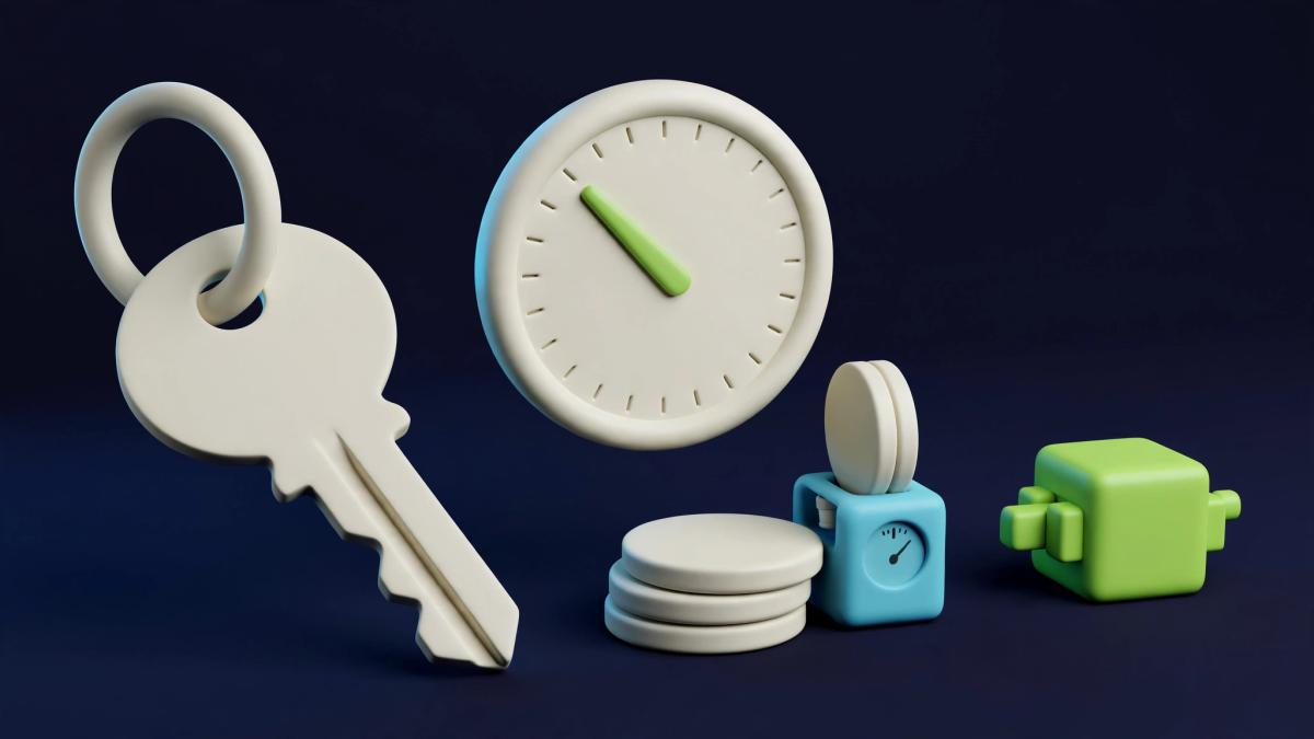 Three-dimensional render of an ivory key, a gauge dial, a stack of coins feeding a small meter and a separate lime engine cube, representing API keys and usage costs that sit outside the tool itself