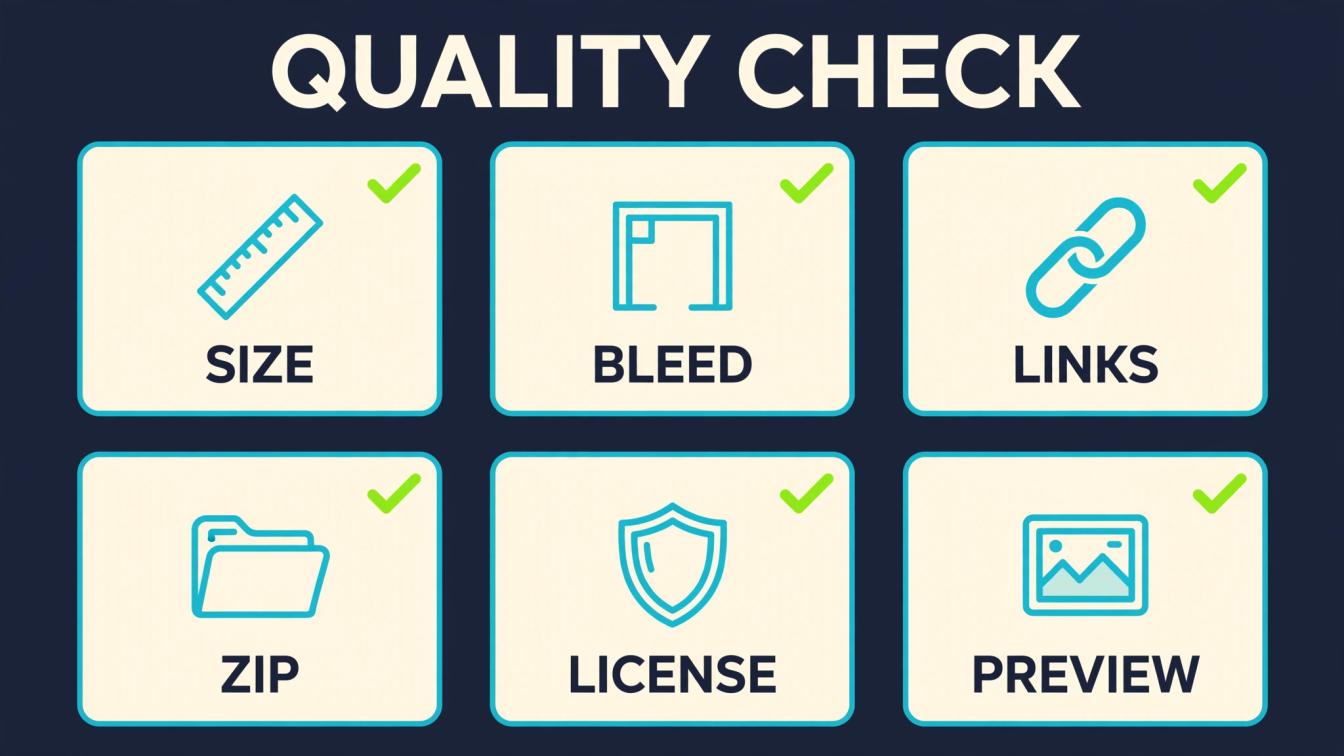 Product quality checklist for print size, bleed, working links, ZIP contents, license, and listing preview