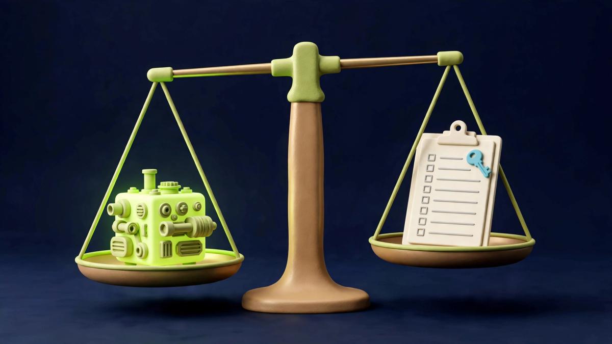 Three-dimensional render of a balance scale holding a lime engine cube on one side and an ivory checklist with a key on the other, representing weighing the offer against buyer checks