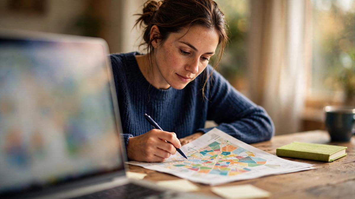 Editorial photo of a local SEO consultant in a navy sweater marking up a printed colorful map report at a wooden desk, illustrating the review of a local map ranking report before a client meeting