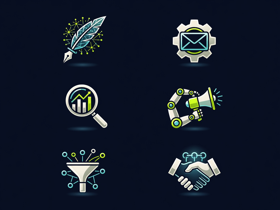 Abstract icons representing content, email, SEO, ads, automation, and affiliate marketing tools