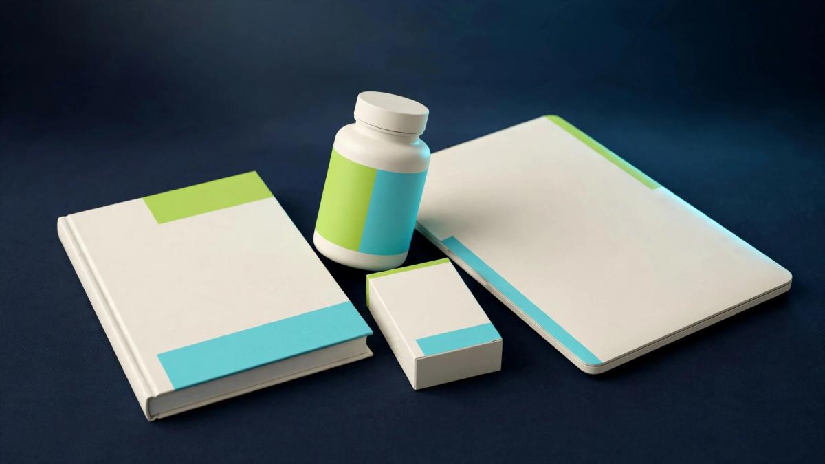 Studio render of a hardcover book, supplement bottle, small product box and laptop on a navy surface with blank lime and cyan labels, representing a product bundle mockup