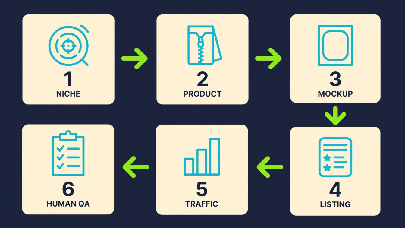 ProductsPilot workflow from niche research to product bundle, mockup, listing, traffic test, and human QA