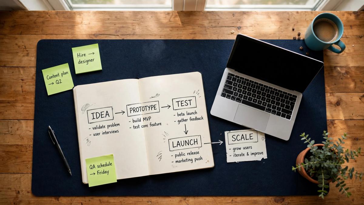Overhead view of a founder's desk with a notebook roadmap from idea to launch, sticky notes and a laptop