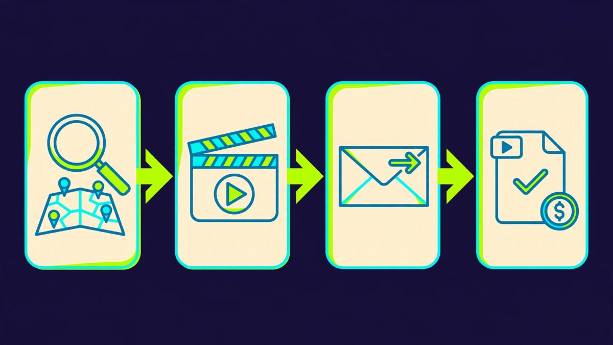 Four-step illustration of the Explaindio 5 AI workflow: search a map for local businesses, create a sample video, send an email, then deliver the paid video