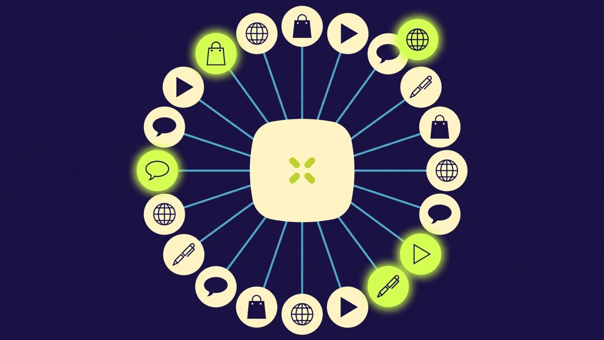 Editorial illustration of one central hub connected to twenty destination icons, representing a social media management dashboard publishing to many channels