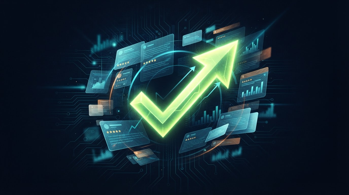 Abstract illustration of an AI growth checkmark rising through marketing data signals