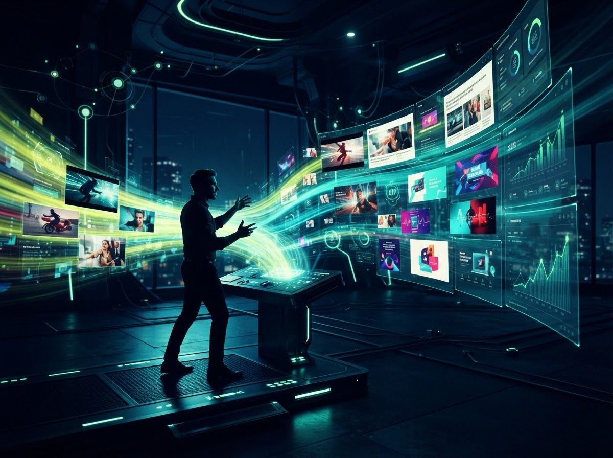 Editorial workspace visual representing AI marketing dashboards and review research