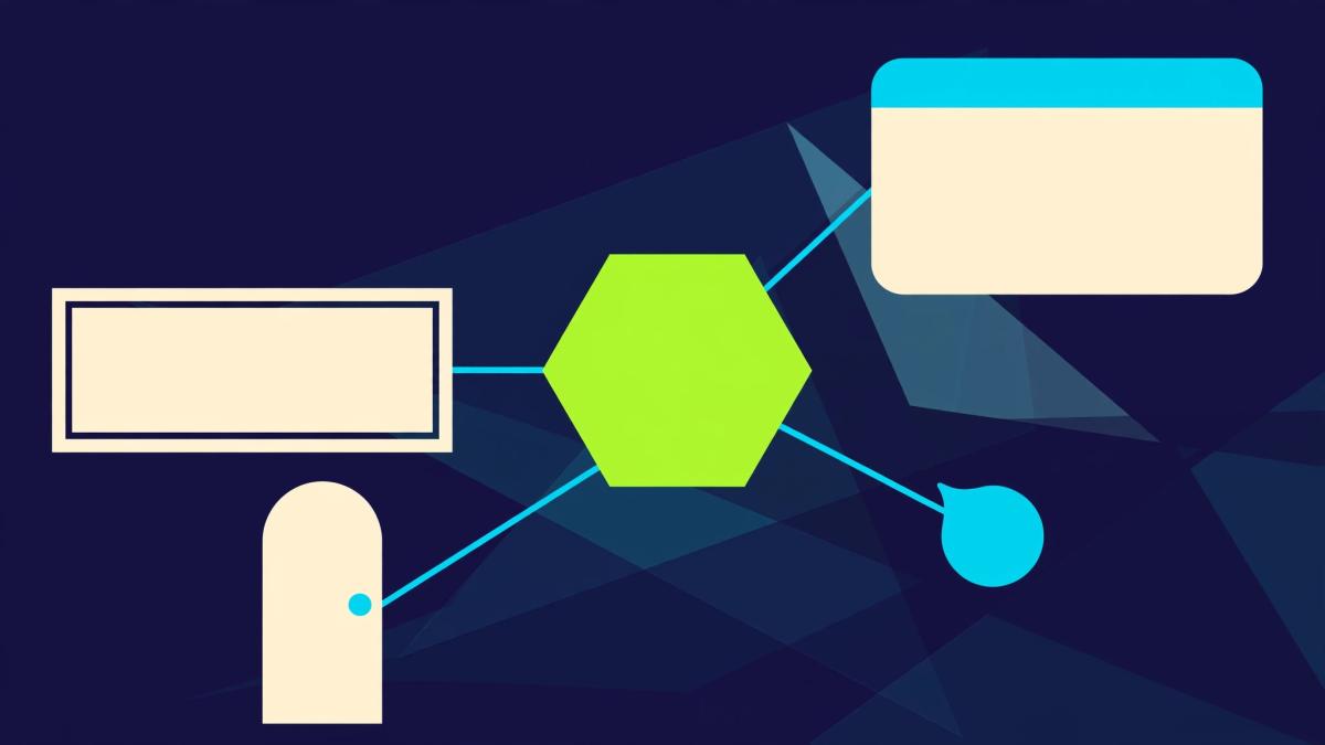 Geometric graphic of a central lime hexagon linked to an inline panel, a popup card, a round chat-bubble button and a door-shaped member-area gate, representing different ways to deliver one AI tool