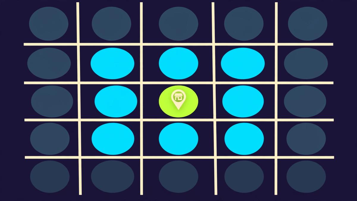 Illustration of a five by five Google Maps style grid with a business pin in the center, bright lime and cyan points near the pin and dim points farther out, showing how local map visibility fades with distance