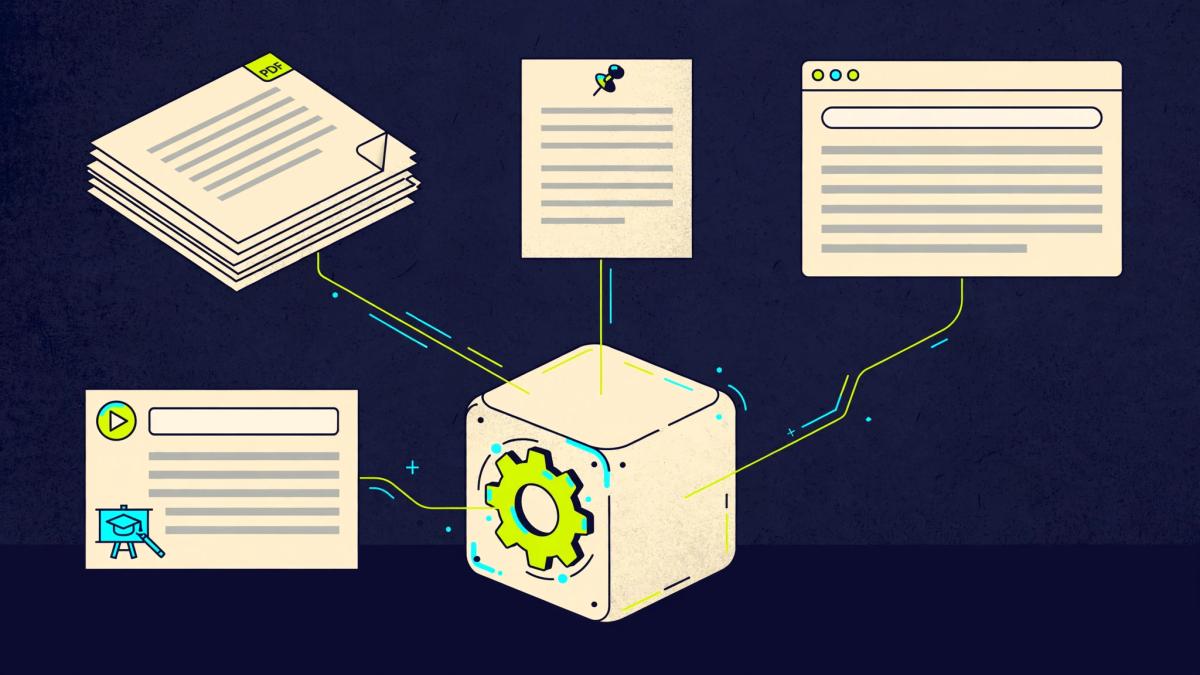 Editorial illustration of PDF pages, a pinned notes sheet, a web page and a course lesson card connected by lime lines to a central cube with a gear, representing knowledge sources feeding one AI engine