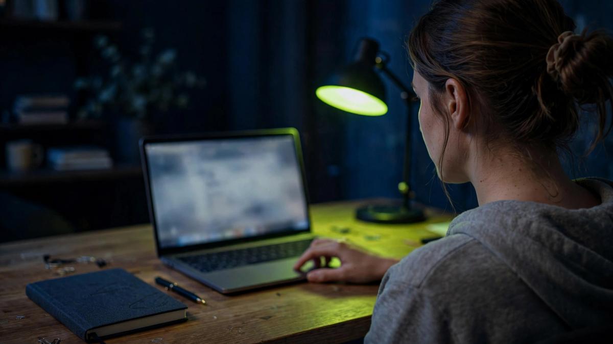 A freelancer at a desk reviewing an email draft on a laptop before sending it, lit by a green desk lamp