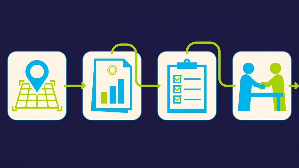 Four-step illustrated workflow showing a map scan, a branded report, an action checklist and a client handshake, representing how local SEO agency software supports a freelancer from audit to agreement