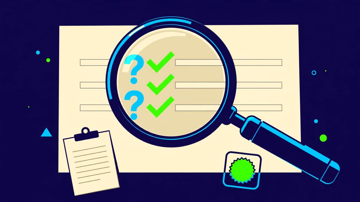 Editorial illustration of a magnifying glass over a sales page showing check marks and question marks to represent verified versus unverified claims