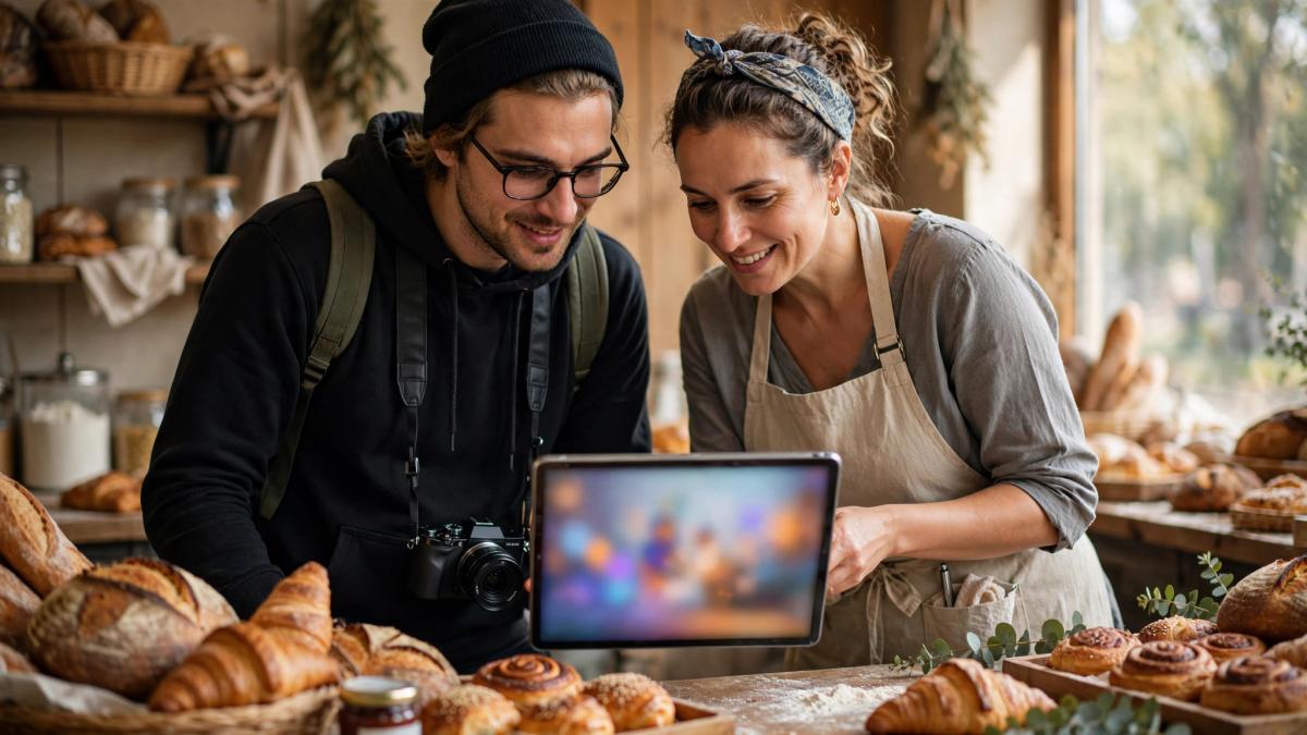 A freelance video creator and a bakery owner looking together at a tablet playing a short animated video at a shop counter