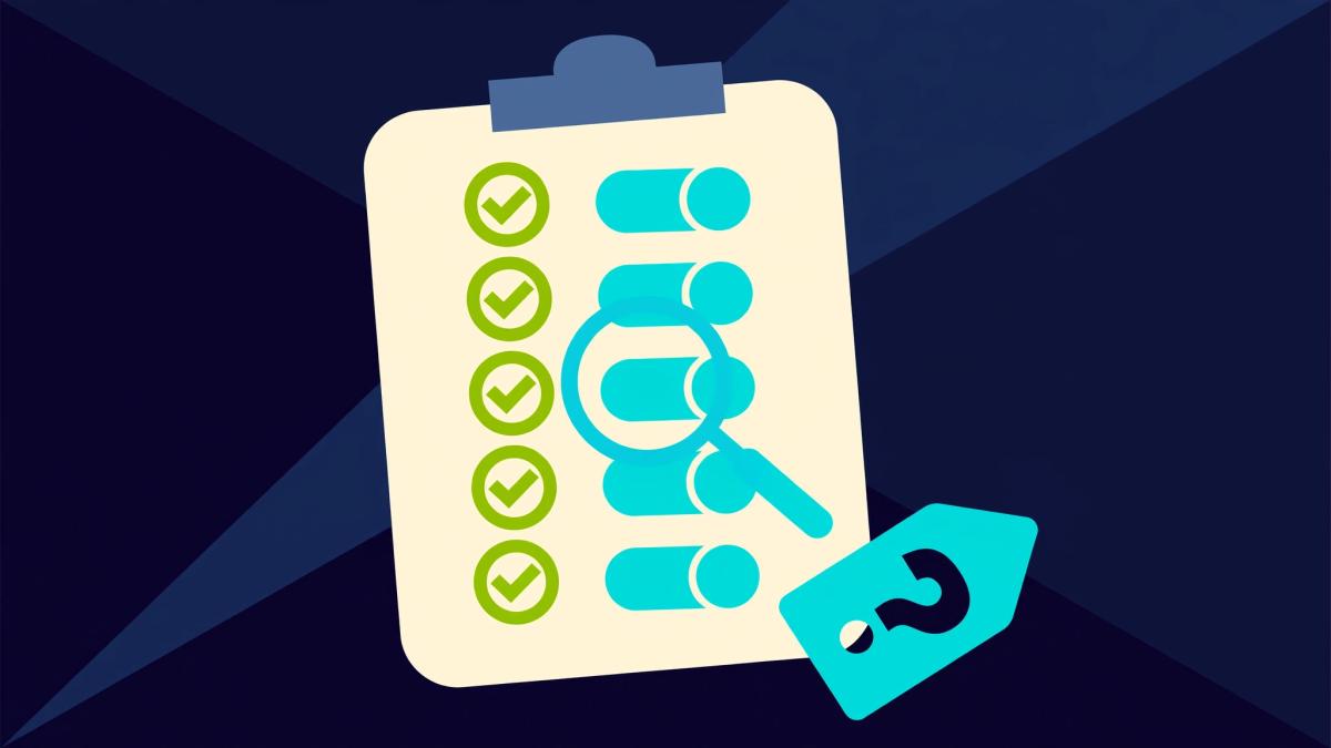 Flat graphic of an ivory clipboard with lime checkmarks, cyan toggles, a magnifying glass and a price tag with a question-mark cutout, representing a pre-purchase pricing checklist