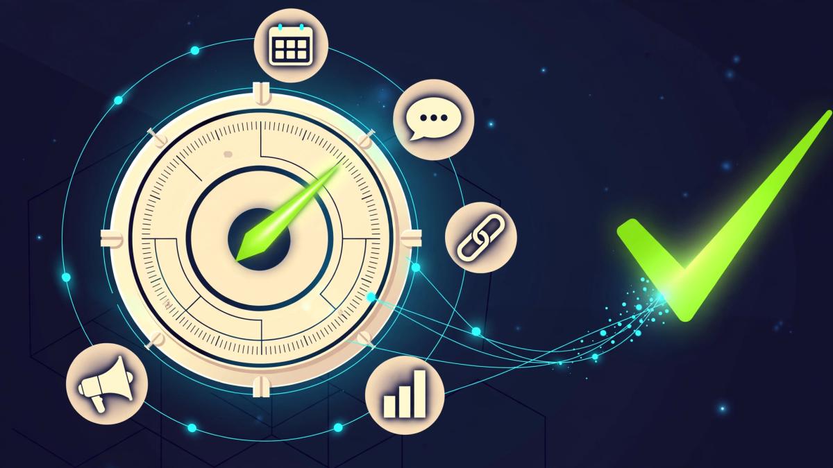 Editorial illustration of a dashboard dial with orbiting calendar, chat, link, chart and megaphone icons flowing toward a lime verdict checkmark