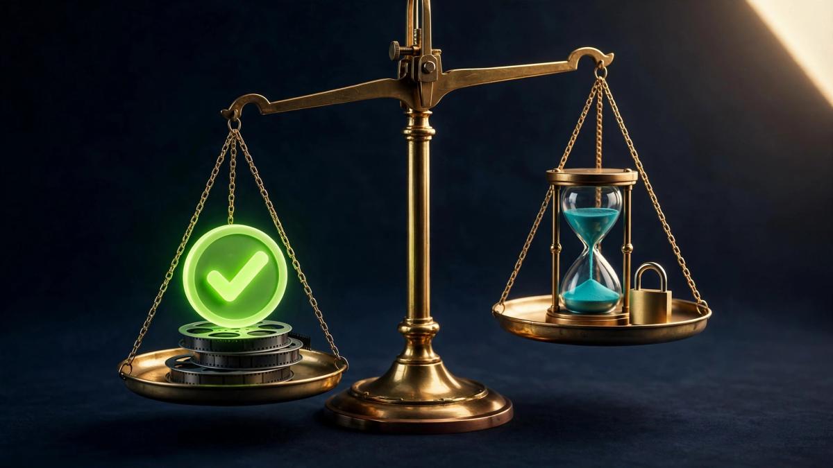 A brass balance scale weighing a glowing checkmark and film reels against an hourglass and padlock, representing the strengths and limits of a software offer