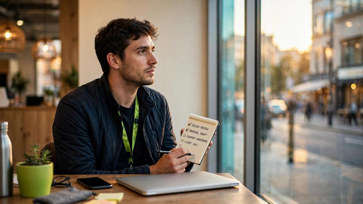 A freelance web consultant holding a notepad checklist beside a closed laptop at a window table