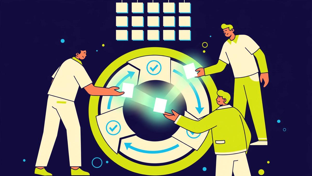 Editorial illustration of three people passing content cards around a circular approval workflow board with a calendar above
