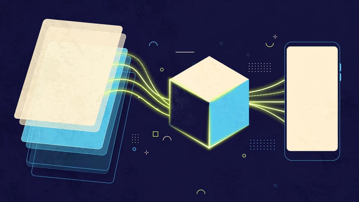 Editorial illustration of layered flat canvas panels connected by glowing lime lines to a three-dimensional cube and a phone shape, representing a flat-to-3D mockup workflow
