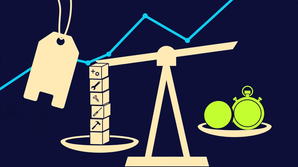 Editorial illustration of a price tag beside a balance scale weighing a stack of tool blocks against a coin and a stopwatch