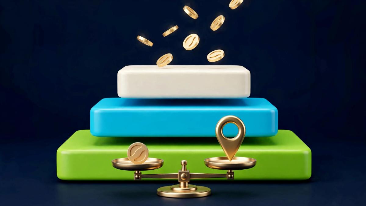 Three stacked platforms in lime, cyan and ivory with falling coins and a balance scale weighing a coin against a map pin, representing the trade-off between ProfitMaps AI pricing tiers and local visibility value