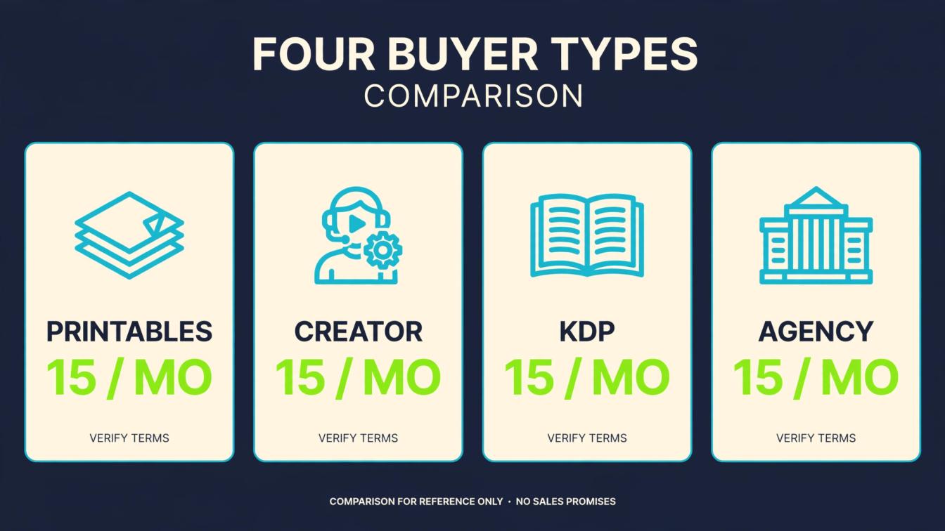 Buyer-fit comparison of printables sellers, creators, KDP authors, and agencies against a 15 products per month cap