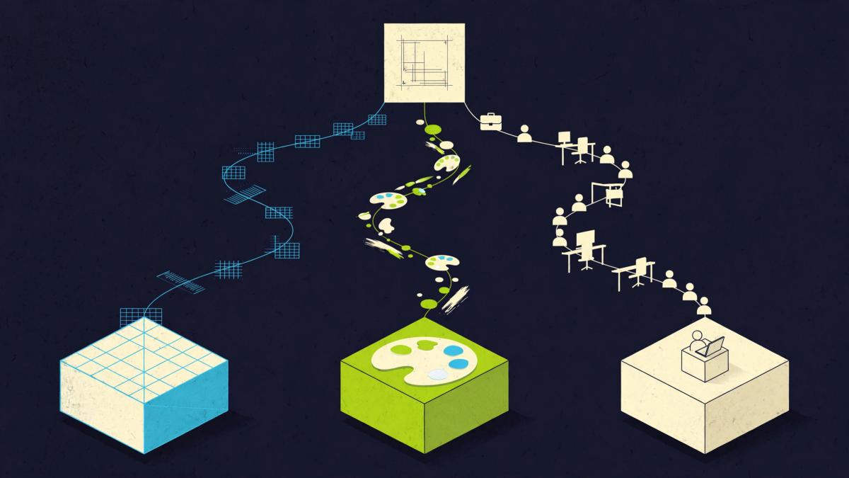 Editorial illustration showing three paths from one flat artwork square to a finished three-dimensional box: a template grid, a design software palette and a freelancer at a desk