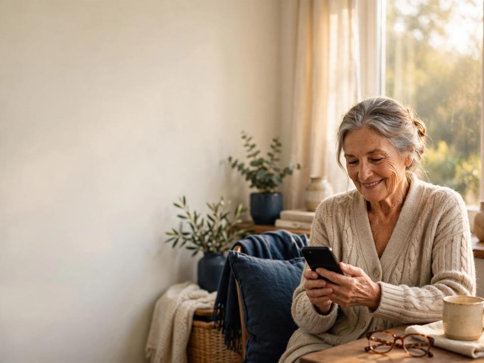 An older woman calmly checks her smartphone in a sunlit home.