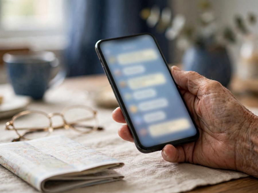 An older adult holds a phone with an unreadable message beside a paper road map.